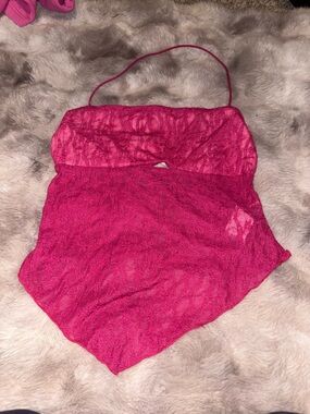 Sheer Hot Pink Lace Halter Chemise - Women's Intimates